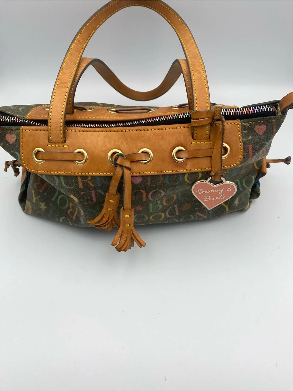 Dooney & Bourke Multicolor Logo Shoulder Bag with Tan Leather